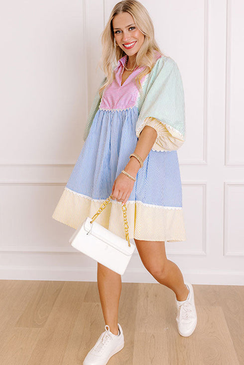 Multicolour Striped Patchwork Ric Rac Puff Sleeve Collared Mini Dress